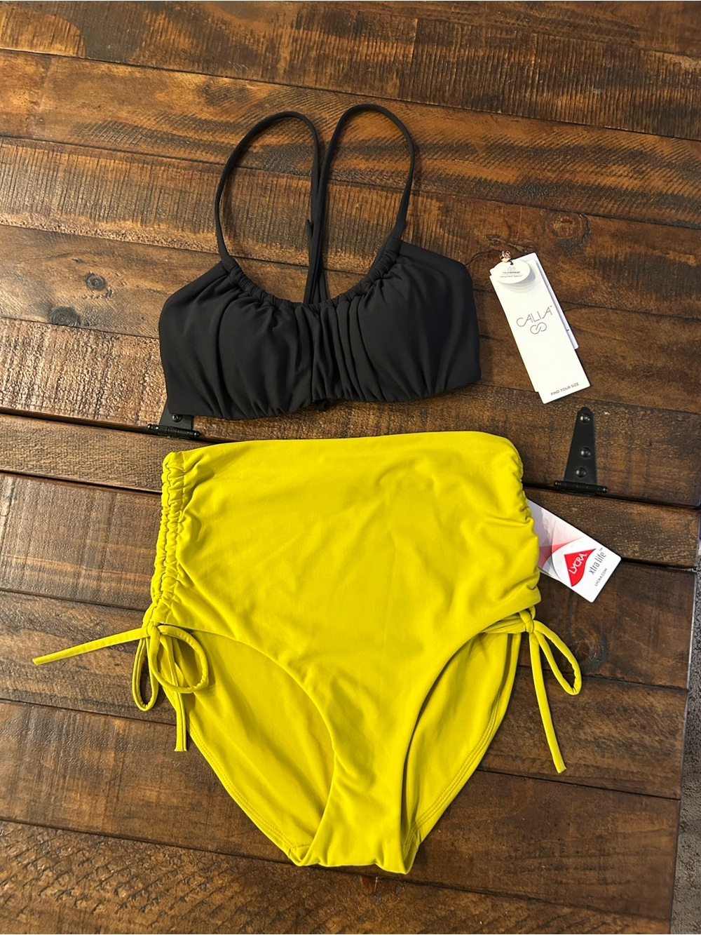 CALIA by Carrie Underwood Black Ruched Bikini Top with Yellow High-Waist Bottoms